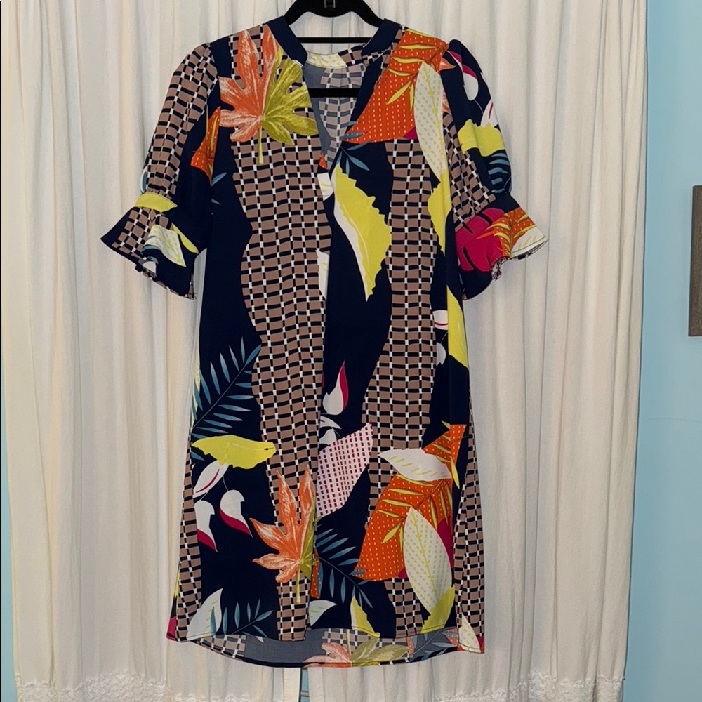 V-Neck Ruffle Short Sleeve Casual Shift Dress